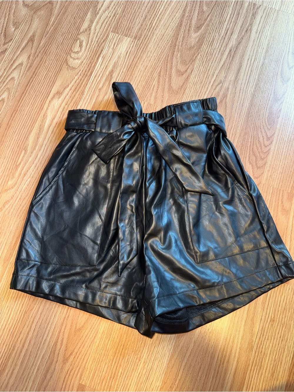 Pink Lily Black Faux Leather Paperbag Shorts with Tie